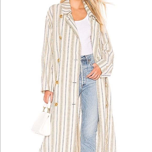 NEW Trench Coat Neutral Striped Colors Button Belt Boho Duster By Free People